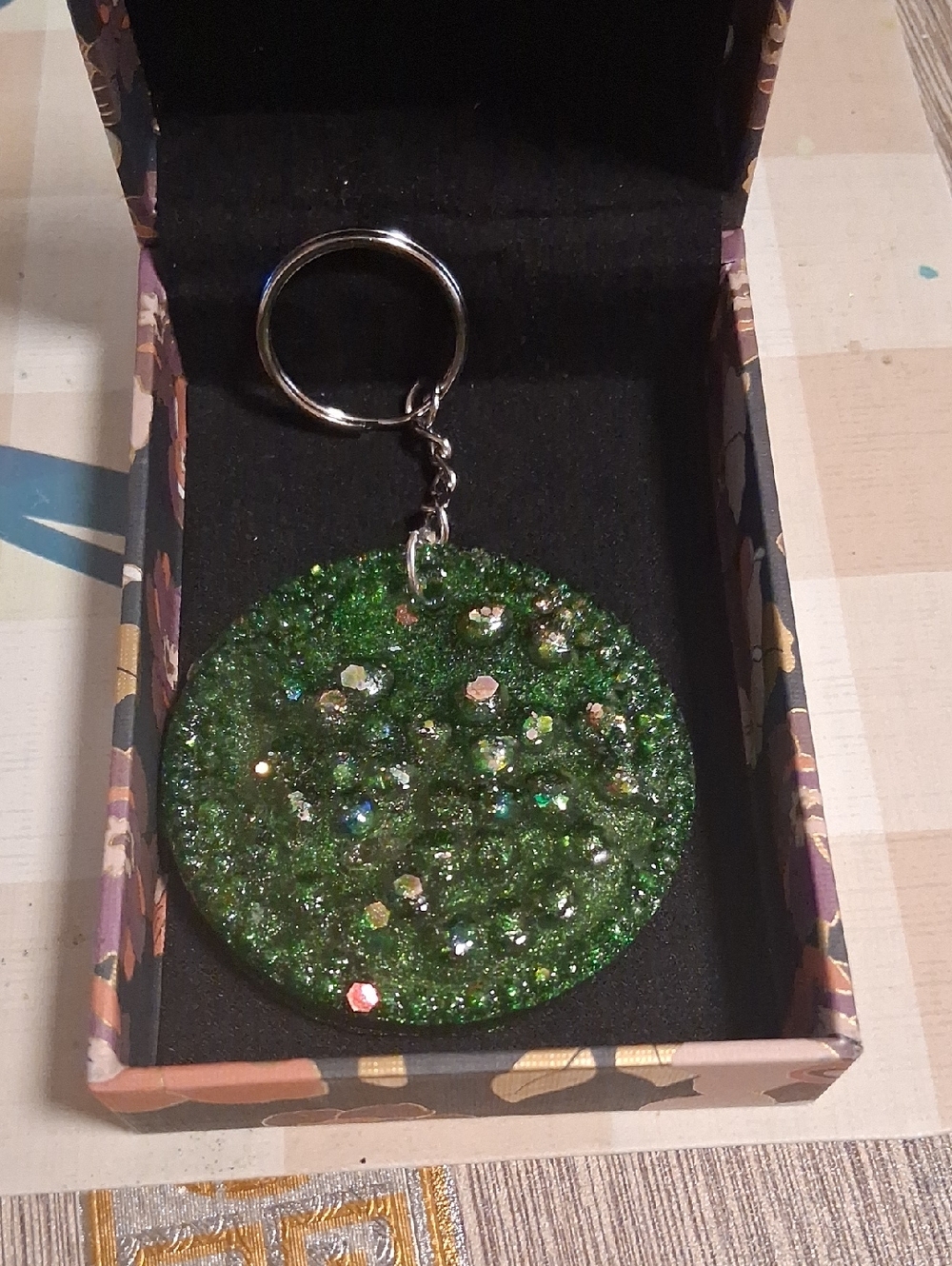 Green Glitter Round Keychain with Rhinestones
